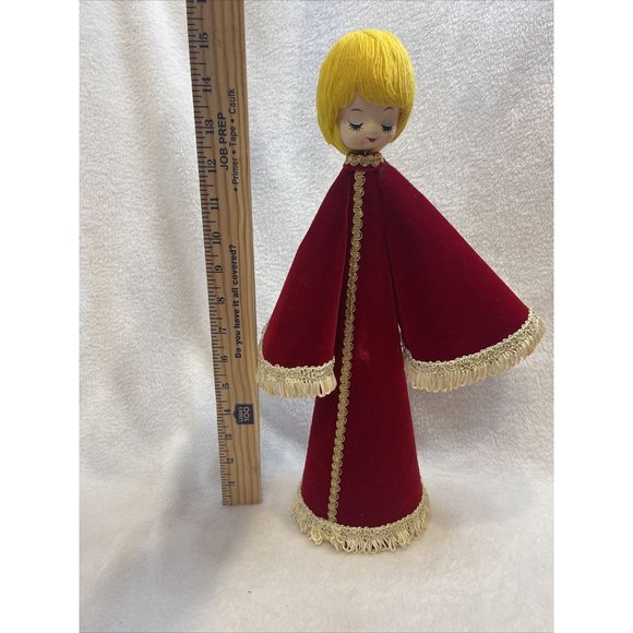 Vintage 15" Cone Christmas Angel Red Felt Gold Cord Handmade 60s-70s Holiday - Picture 6 of 7